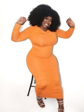 Women's Orange Long Sleeve Ruched V Neck Tangerine Bodycon MIDI Dress